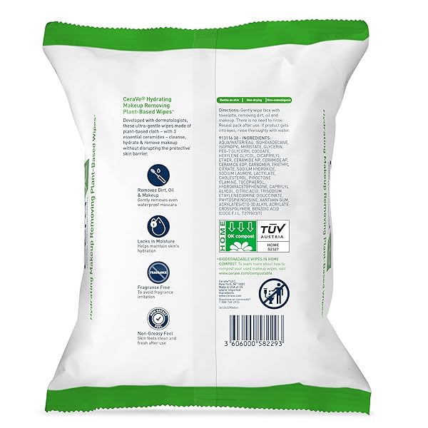 CERAVE MAKEUP REMOVER WIPES, PLANT BASED FACE WIPES, BIODEGRADABLE IN COMPOST, WATERLESS FACE WASH, TRAVEL ESSENTIALS FOR WOMEN, SUITABLE FOR SENSITIVE SKIN, FRAGRANCE-FREE + NON-COMEDOGENIC, 25CT