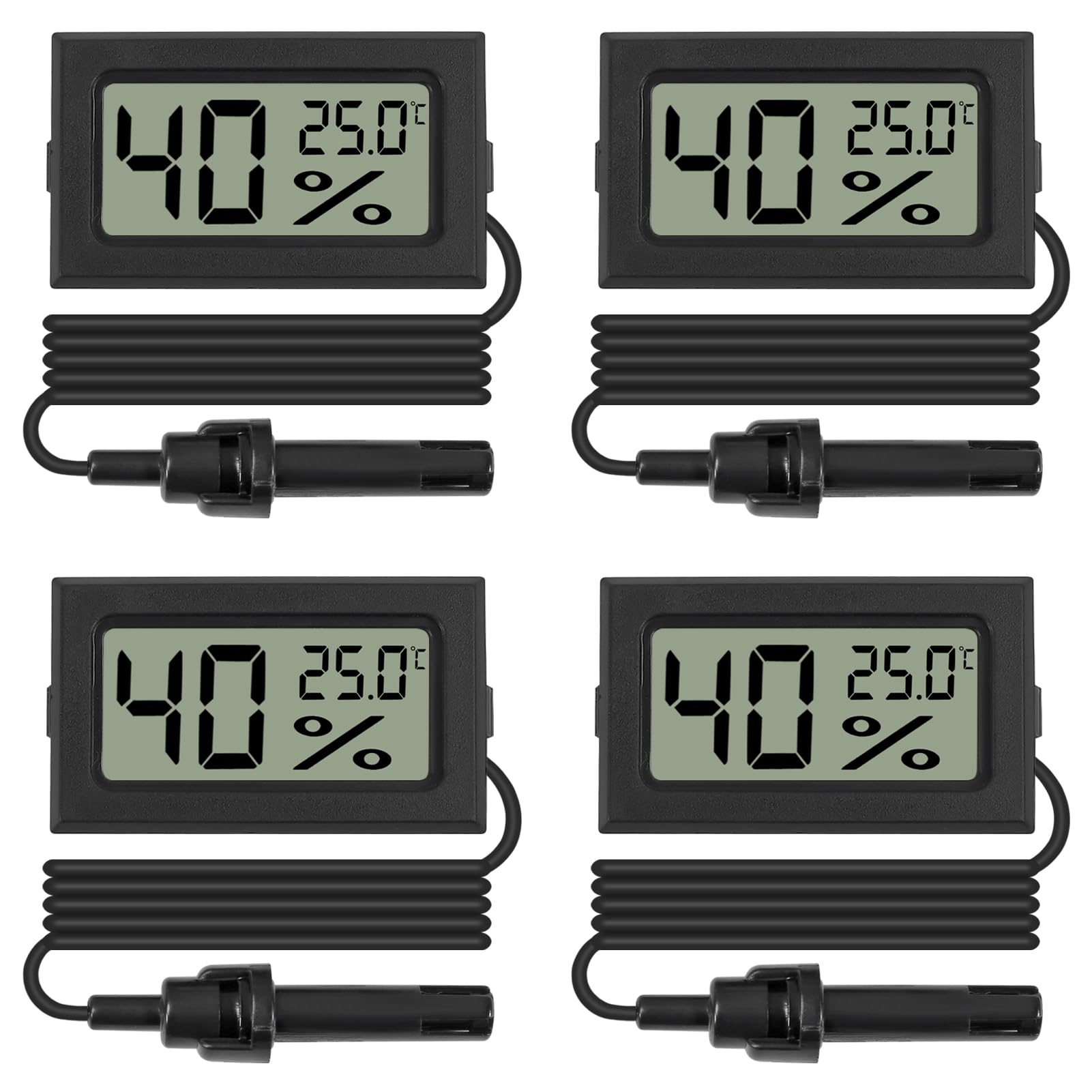 4PCS Mini Digital Thermometer Hygrometer Temperature Humidity Monitor with External Probe LCD Monitor Indoor Outdoor Gauge Meter for Car Greenhouse Home Office Living Room -Black