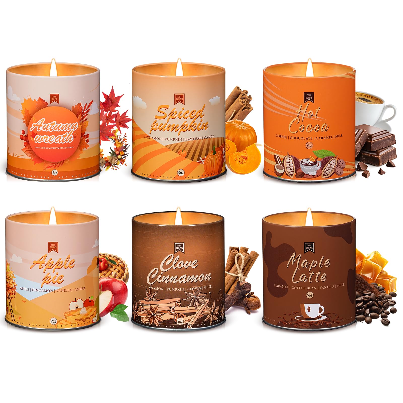 Photo 1 of 6Pack/54oz Non-Toxic Scented Candle Set, Fall Winter Candles, Decorative Holiday Candles for Women Men, 9oz Apple/Cinnamon/Pumpkin/Vinilla/Cocoa/Maple Soy Christmas Scented Candle for Holiday Gifts