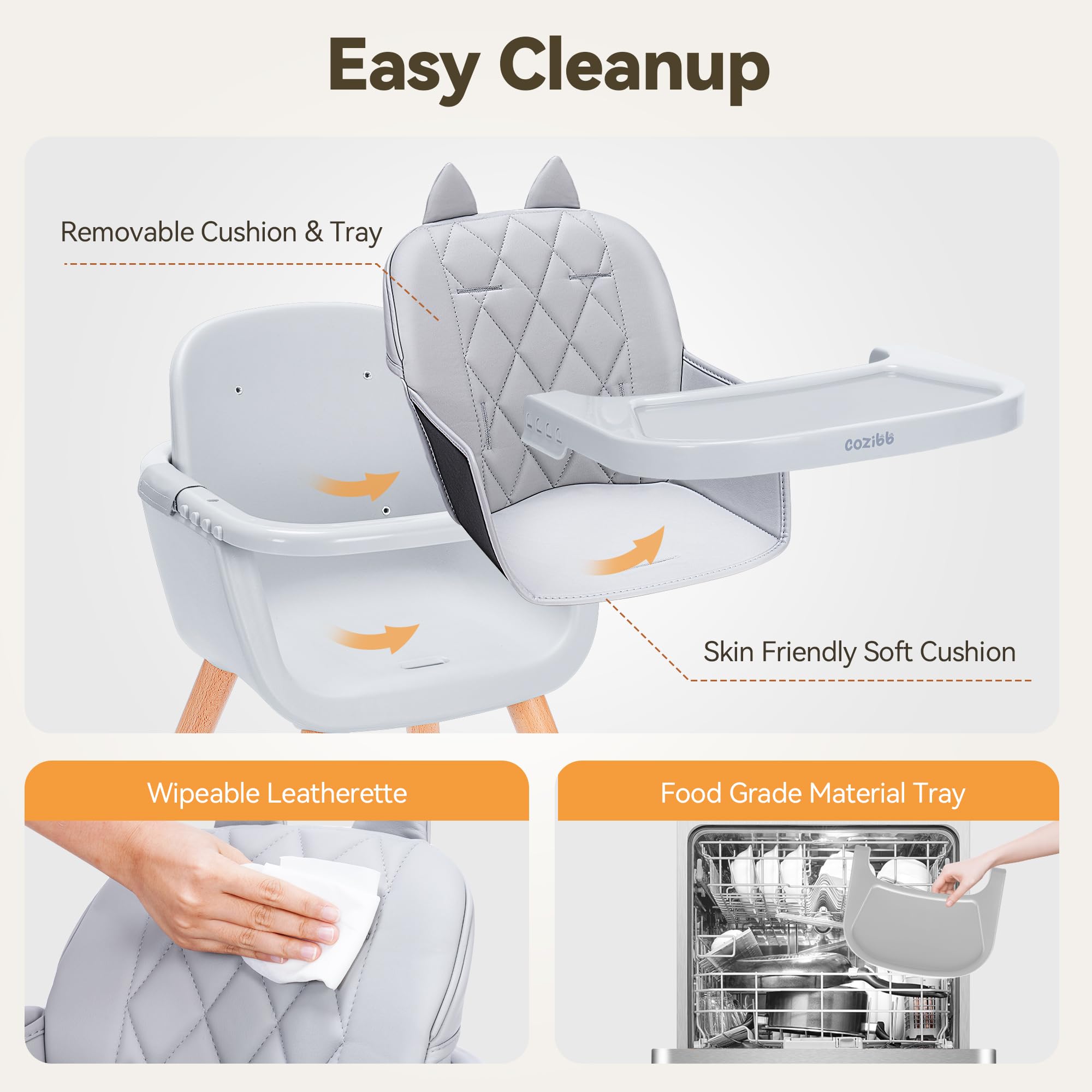 CoziBB 4-in-1 Baby High Chair, Convertible Easy-to-Clean Wooden Highchair for Infant, Kids& Children, 3 Position Tray, Leatherette Seat, Modern and Compact Design, Grey