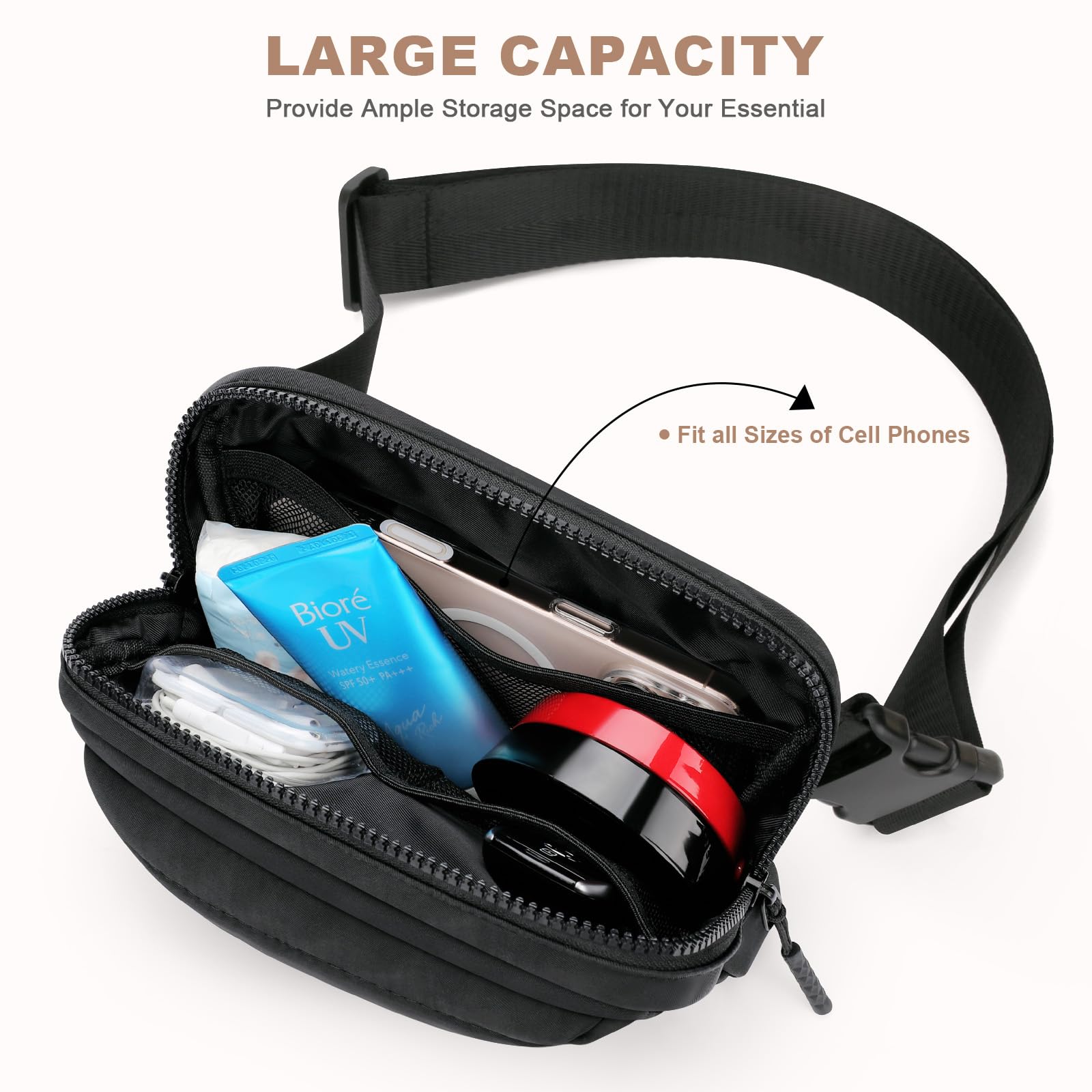 BesTour Fanny Packs for Women Men,Belt Bag with 3 Zipper Pockets,Water-resistant Crossbody Bag,Fashion Waist Packs with Adjustable Long Strap for Workout/Running/Yoga/Shopping/Hiking,Black