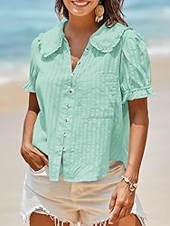 Tankaneo Women's Puff Sleeve Shirts Peter Pan