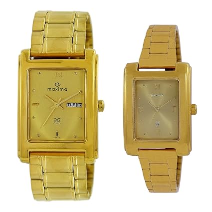 Square Golden Dial Day N Date Watch For Couple