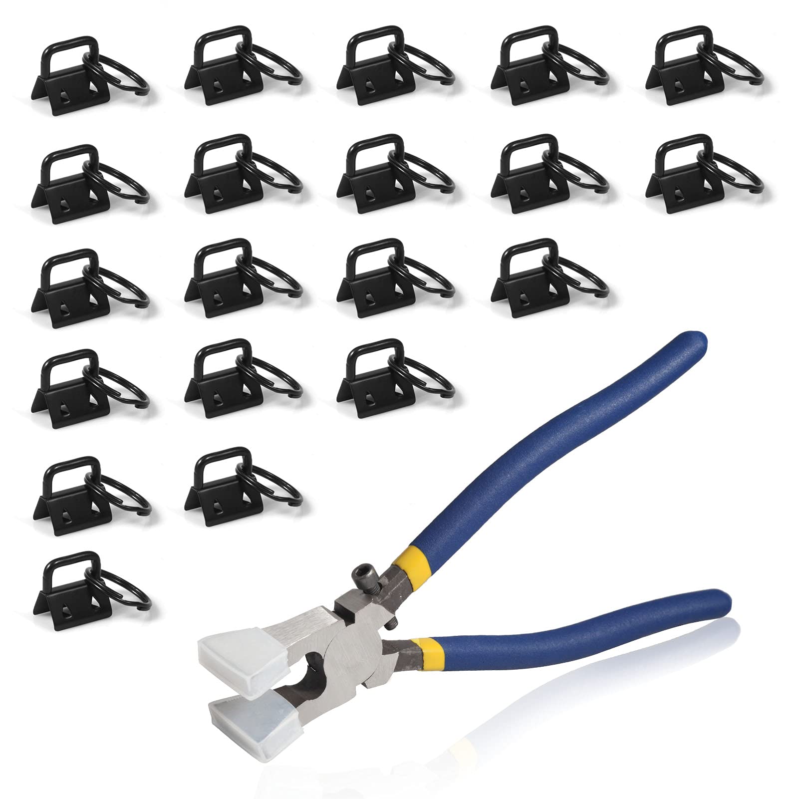 SPEEDWOX 20 Pcs 0.8" Dark Black Key Fob Hardware Set with Key Fob Pliers, 8" Glass Breaking Pliers with Rubber Tips PVC Handles, for Webbing Fabric Strapping Wristlet Keychain Key Lanyard Making