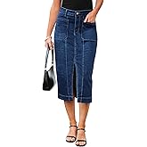 luvamia Jean Skirts for Women Denim Trendy Casual Stretchy High Waisted Midi Front Pockets Below Knee Skirt with Slit