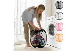 Durable folding laundry basket with expandable mesh side pockets and reinforced handles