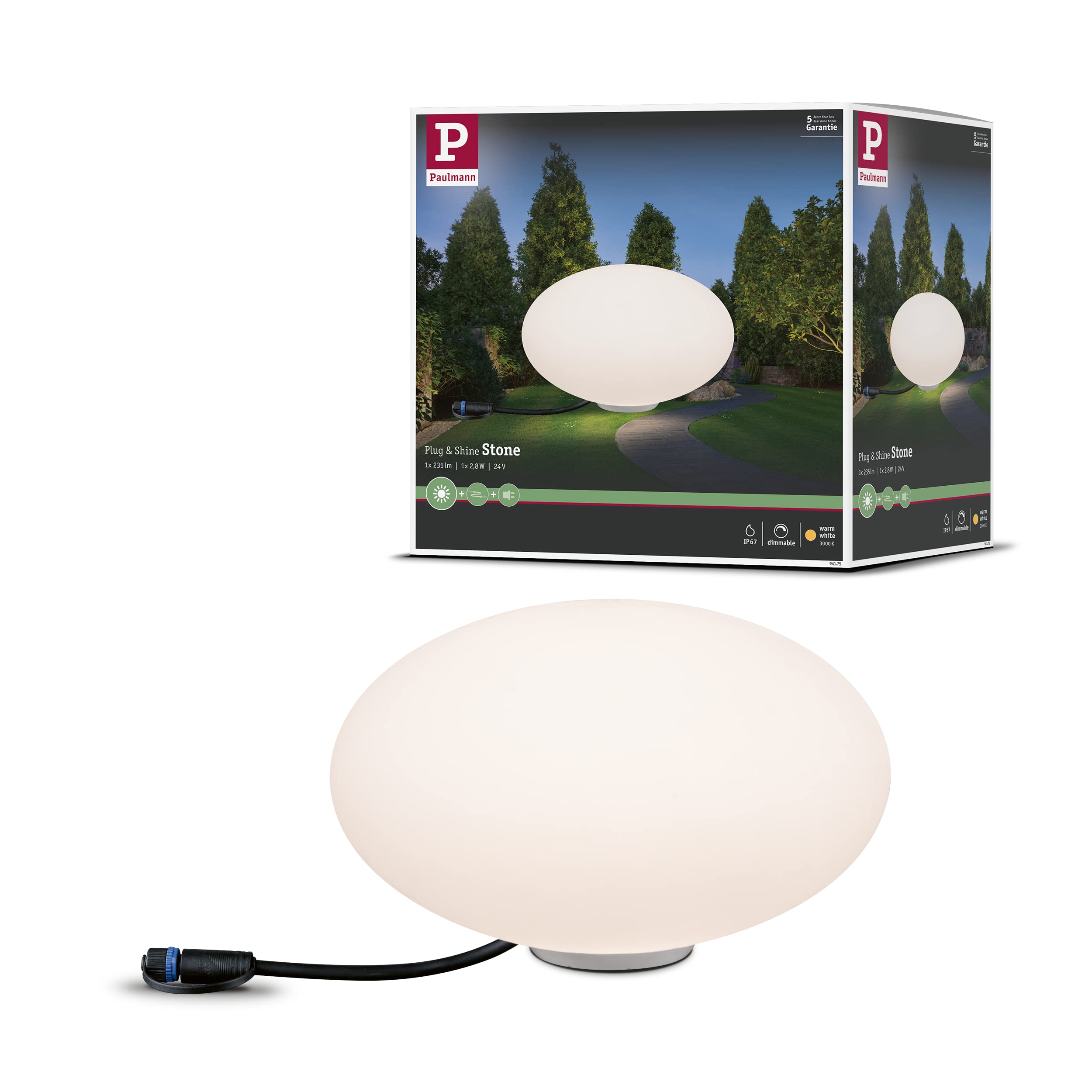 Paulmann 94175 Outdoor Plug & Shine Light Object Stone IP67 3000K 235lm 24V, 2.8 W, White — image 1