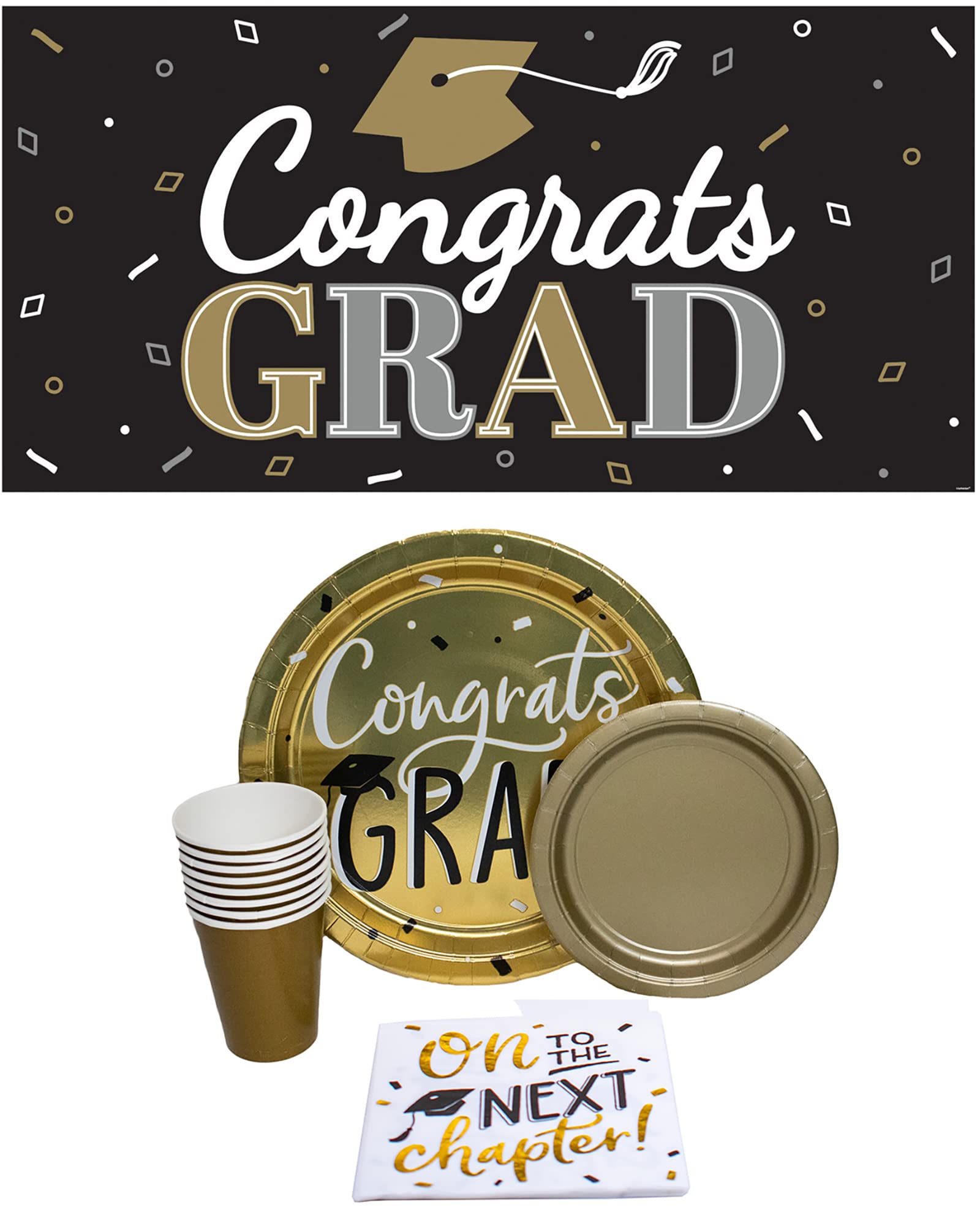 Stephanie Imports Disposable Paper Plates, Napkins and Cups Set for 15 Congrats Grad Adventure