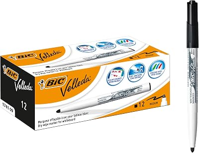 BIC Velleda 1741 Marcadores de quadro branco de ponto médio, ideal para escola e escritório, cor preta, caixa de 12 unidades