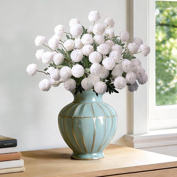 INQCMY ARTIFICIAL FLOWERS 12 PCS FAKE CHRYSANTHEMUMS FAUX KIKU FLOWER LONG STEM 20″ REALISTIC SILK POMPON MUMS FOR VASE WEDDING BOUQUETS CENTERPIECES HOME DECOR (WHITE)