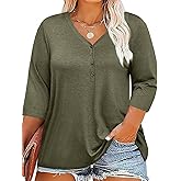 ZDC Women's Plus Size Tops 3/4 Sleeve V Neck T Shirts Button Down Basic Tunic