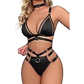 Lilosy Sexy Wireless Choker O Ring Linked Strappy Harness Lingerie Set Outfits 3 Piece