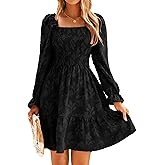 BerryGo Women's Square Neck Fall Long Sleeve Mini Dress Smocked Swing Ruffle Wedding Guest Dress