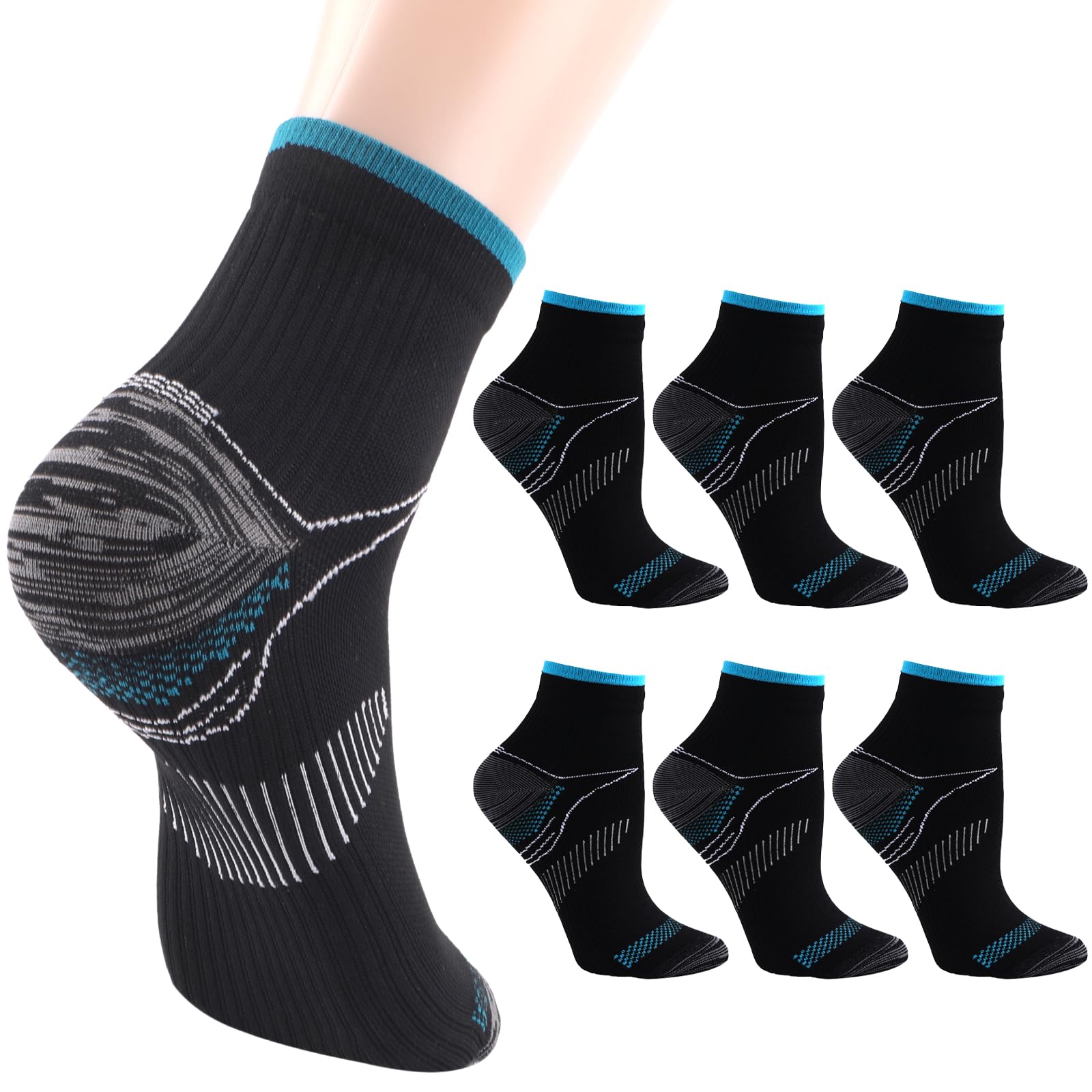 6 Pairs Compression Socks, Plantar Fasciitis Socks with Arch Support for Athletic Medical Pregnant Travel Women & Men (Black)