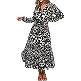 R.Vivimos Women's Fall Long Sleeve Casual Dresses Wrap V Neck Tiered Ruffle Flowy Midi Dress with Belt