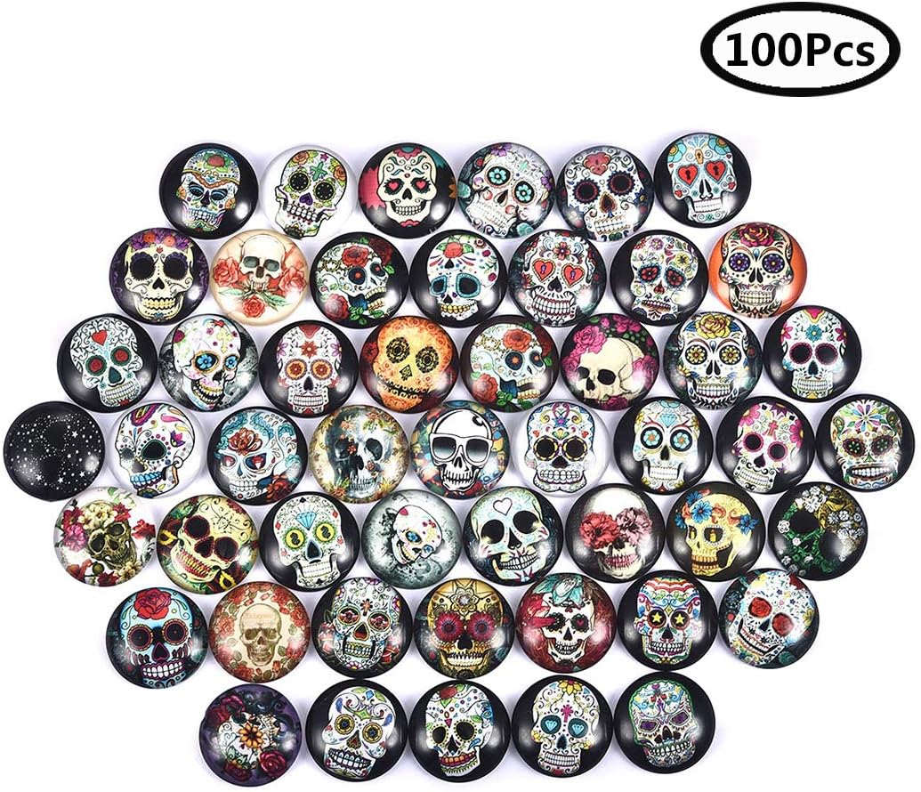 DROLE 100Pcs 12mm Skull Cabochons Round Flatback Glass Dome Cabochons Gems Handcrafts Scrapbooking Jewelry Making Accessory