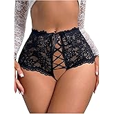 SweatyRocks Women's Floral Lace Panties Cut Out Lace Up Thong Underwear