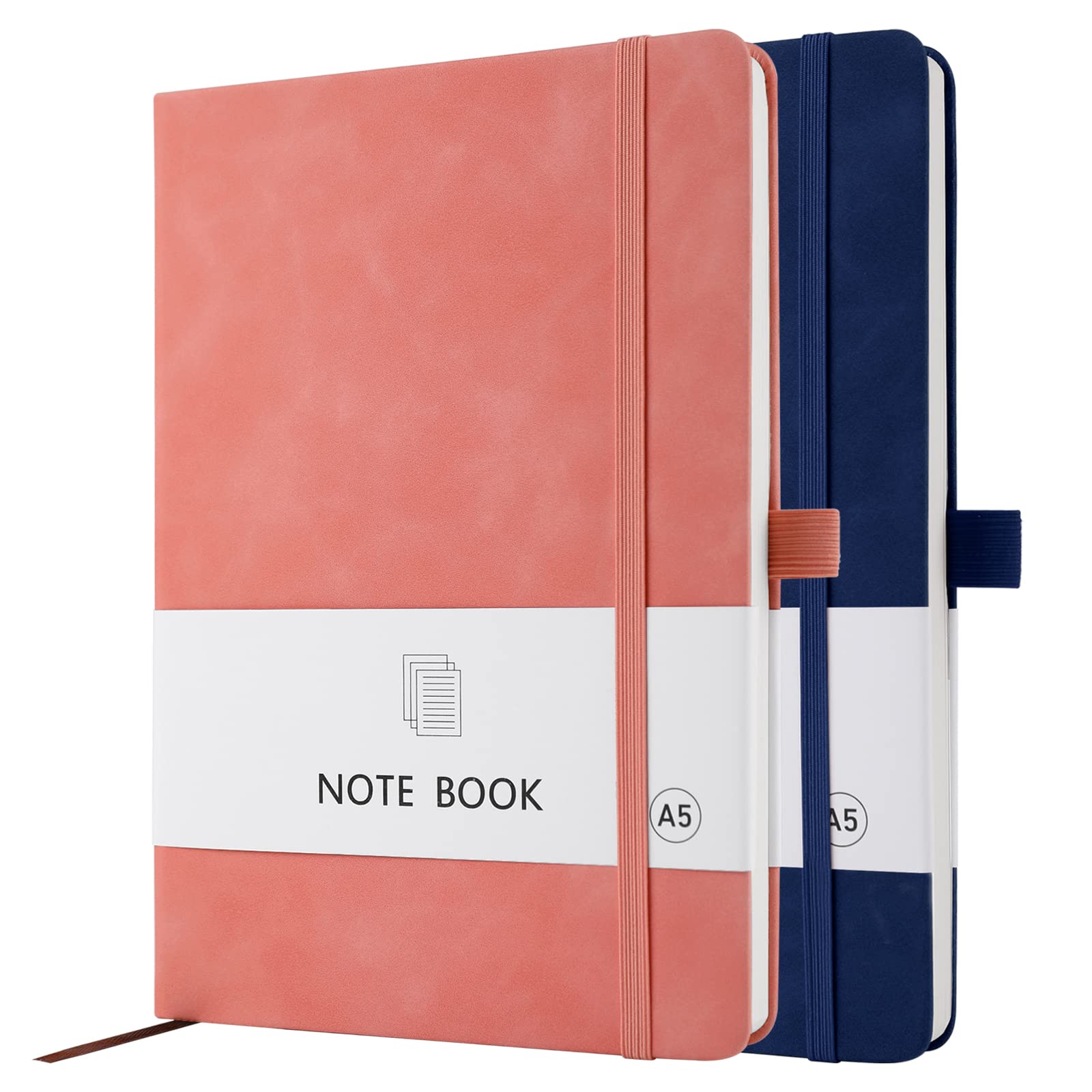 A5 Notebook, 2 Pack Notebook A5 200 Pages 100 GSM Journal Notebook Hardback Notepad with Bookmark, Pen Loop, and Elastic Closure (Blue+Pink)