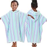 VOOVA & MOVAS Poncho Towels for Kids (4-8Years), Quick Dry Lightweight Absorbent Cotton Hooded Towel Robe for Pool | Swim | Beach | Bath, Aqua Purple Stripe