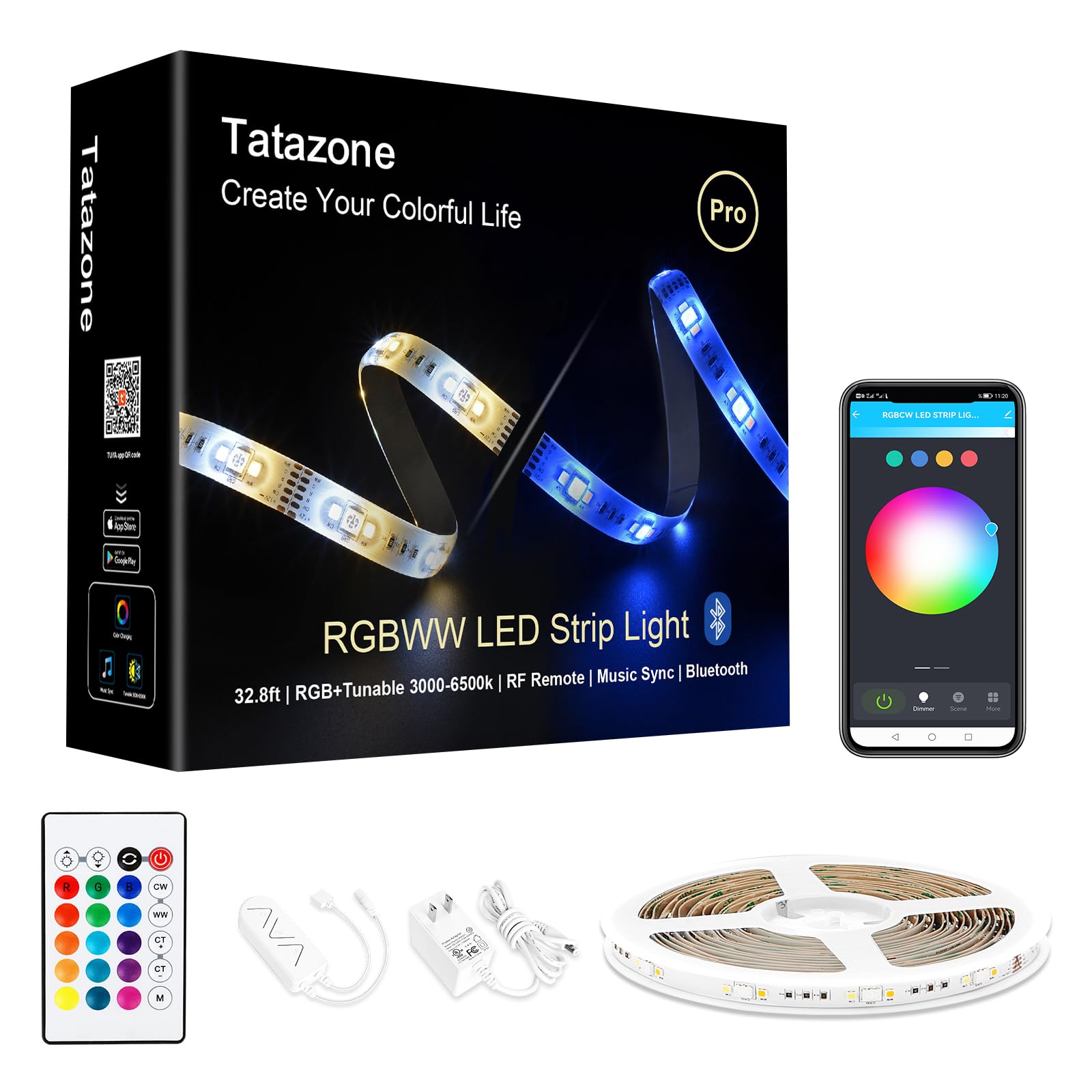 RGBWW Bluetooth LED Strip Lights, 32.8ft Tunable White 3000K to 6500K+RGB Led Light Strips, Music Sync Color Changing Indoor LED Rope Lights with App and Remote for Kitchen, Bedroom, TV
