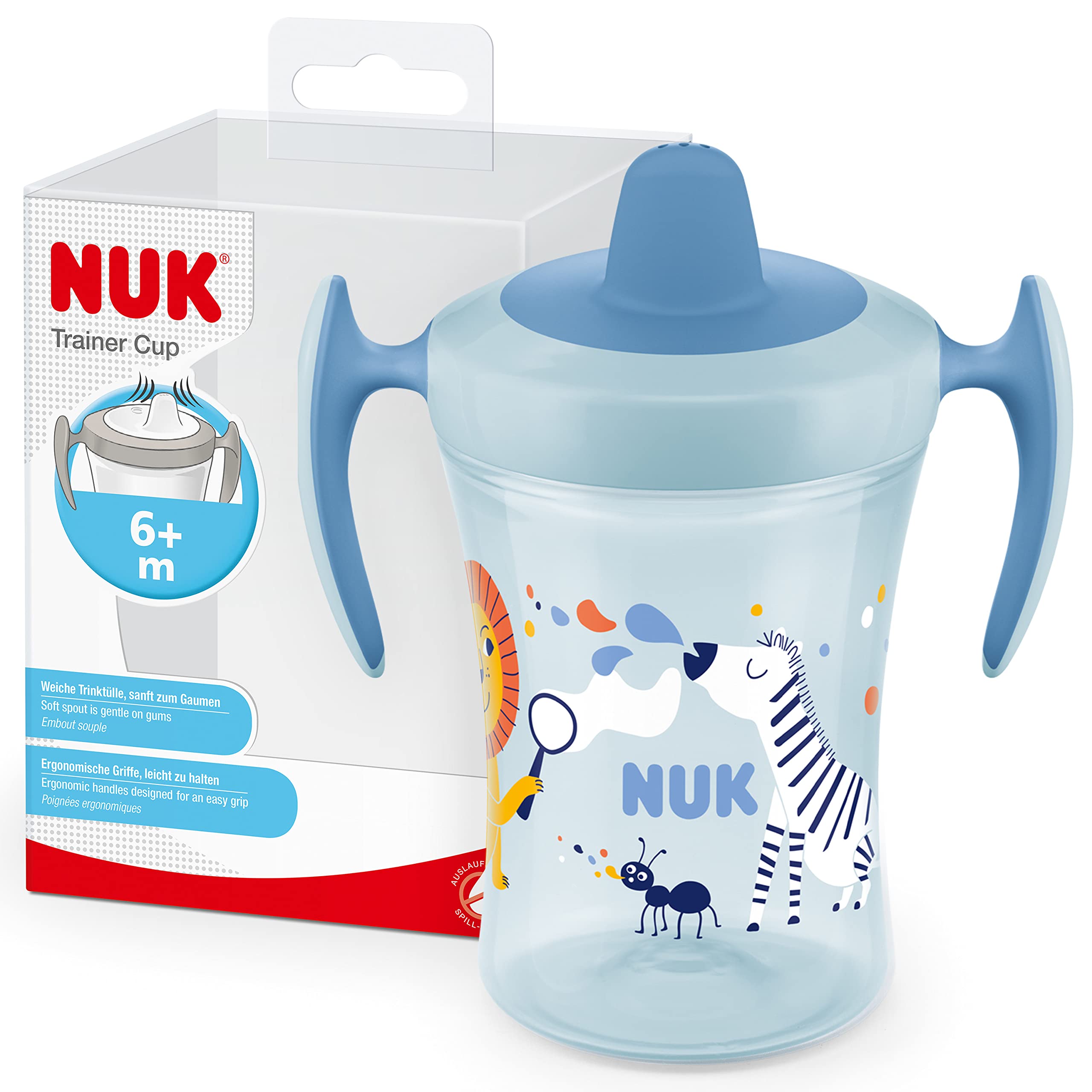 NUK Trainer Cup Sippy Cup | Leak-Proof Soft Drinking Spout | 6+ Months | BPA-Free | 230ml | Blue Zebra