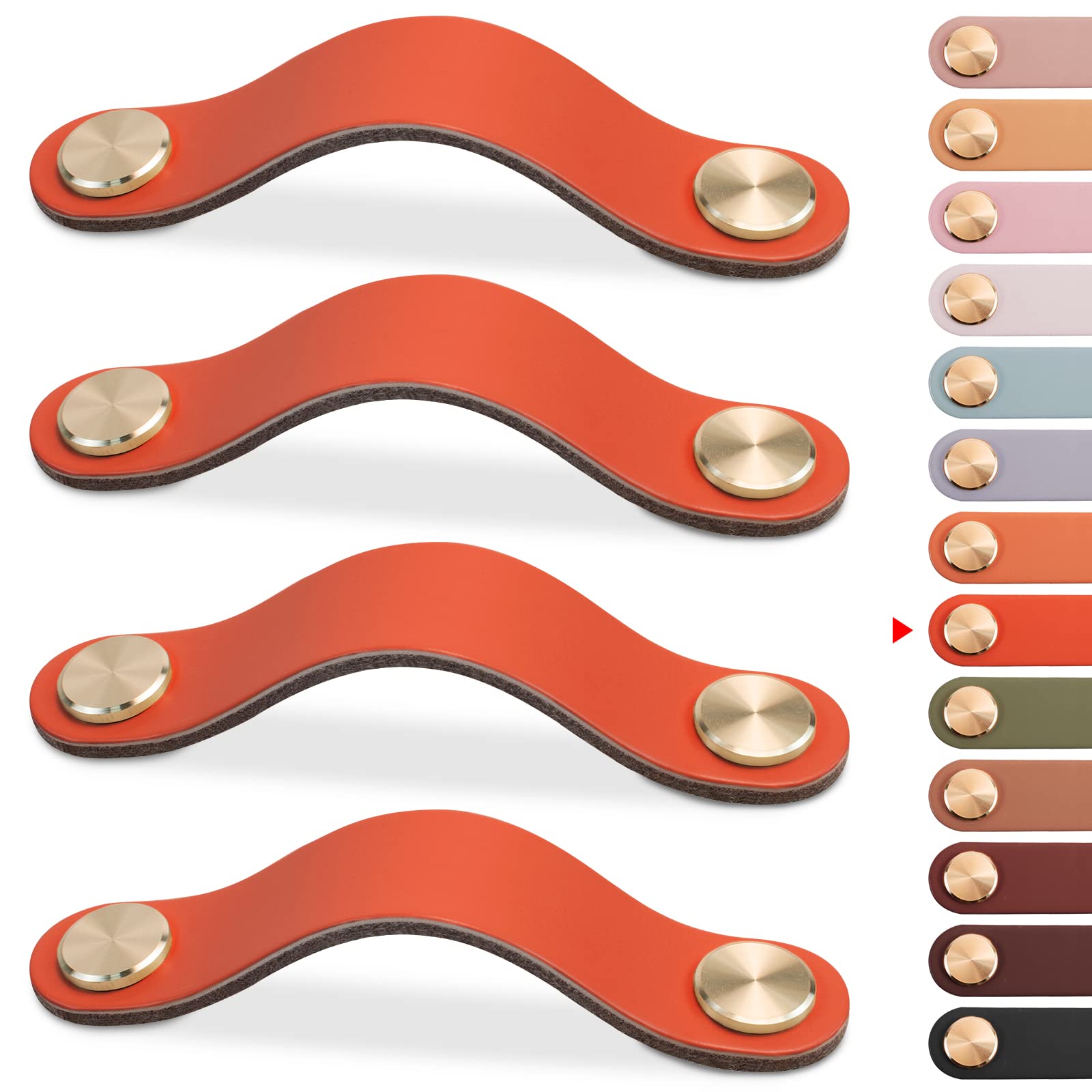 LEREATI 4pcs Leather Drawer Handles Drawer Knobs Kitchen Cupboard Handles, Faux Leather Drawer Pulls for Cupboards, Wardrobe, Dresser, Closet (Orange, 96mm Hole Center)