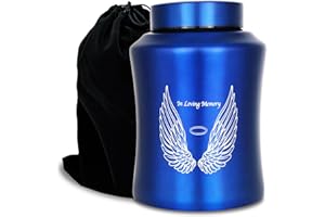CHIEMOT Up to 160 lbs Large Cremation Urns for Adult Human Ashes, Angel Wings in Loving Memory Decorative Funeral Burial Urn for Male Female Ashes with Velvet Bag(Blue)