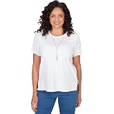 Alfred Dunner Women's Solid Eyelet Sleeve Tee with Necklace