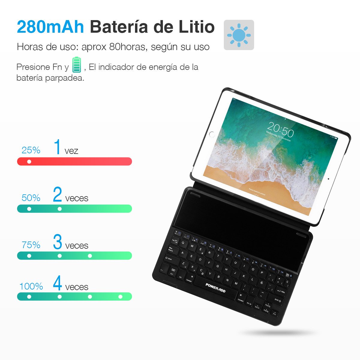 Poweradd Funda con Teclado Bluetooth para iPad Air 2 & iPad Pro 9.7, Teclado Inálambrico Españoles con USA Boardcom Modulo Bluetooth 3.0（No incluir el iPad), 280mAh Batería de Litio Recargable.