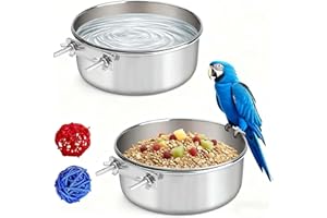 XXMBBJY 2 Pcs Stainless Steel Bird Food Water Bowls, Parrot Feeding Dish Cups with Clamp Holder Bird Ball Toys for Chinchilla, Cockatiel, Conure, Budgies, Parakeet, Lovebirds, Small Animals (Small)
