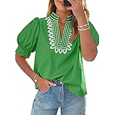 Cicy Bell Womens Puff Short Sleeve Blouses Summer Casual Dressy Embroidered V Neck Tops Loose Fit Tee Shirts