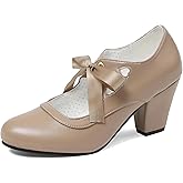Erocalli Women's Mary Jane Pumps Chunky Block Shoes Heart Hollow Adorable Vintage Shoes Unique Round Toe Lace Up