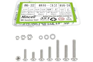 HINCELL 351Pcs #6-32#8-32#10-24 Machine Screws Nuts and Bolts Assortment Kit,Phillips Pan Head Assorted 304 Stainless Steel Bolts Nuts Flat Washers Bolt with Case