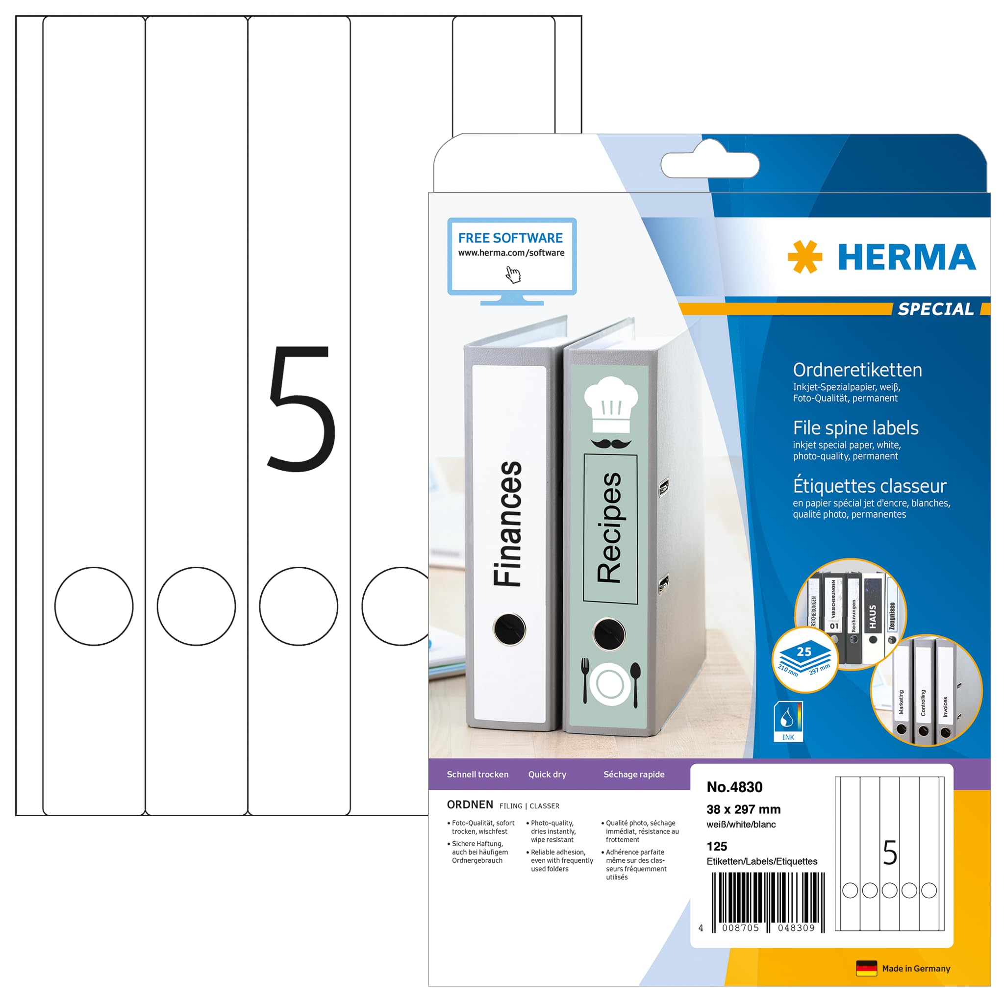 HERMA Self Adhesive Spine Labels, 5 Labels per A4 Sheet, 25 Sheets, 38 x 297 mm, 125 Labels, Blank Lever Arch File Folder Labels Stickers, Sticky Labels for Laser & Inkjet Printer, White