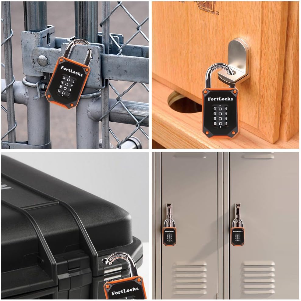 2 Pack FortLocks Gym Locker Lock - 4 Digit, Heavy Duty, Hardened Stainless Steel, Weatherproof and Outdoor Combination Padlock - Easy to Read Numbers - Resettable and Cut Proof Combo Code - Orange - - 