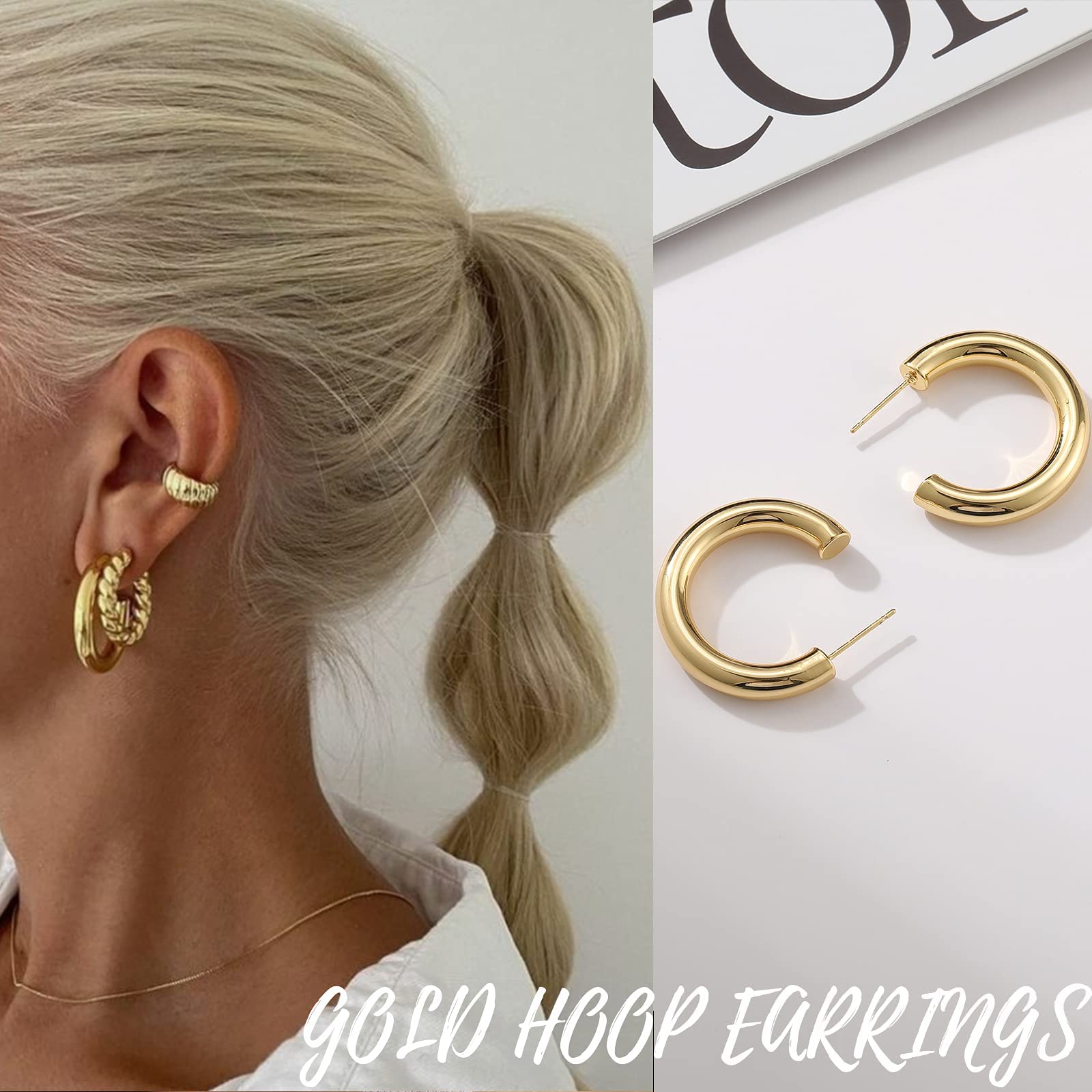 Gold Hoop Earrings Set for Women, 6 Pairs 14K Gold Plated Lightweight Hypoallergenic Chunky Open Twisted Hoops Earrings Pack Jewelry