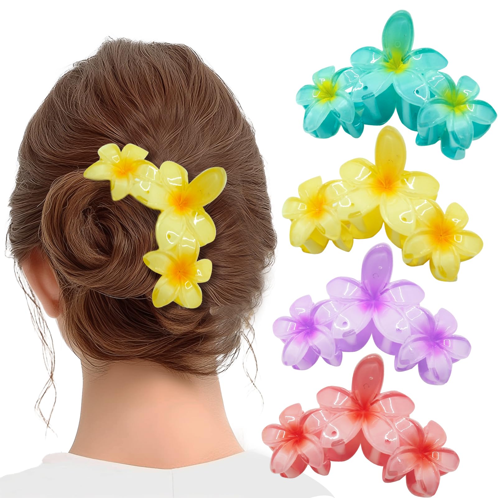 YONEEKSS 4PCS Flower Hair Claw Clips, Strong-Hold Hawaiian Plumeria Hair Clips for Women Girls Claw Clips for Thick Medium Hair