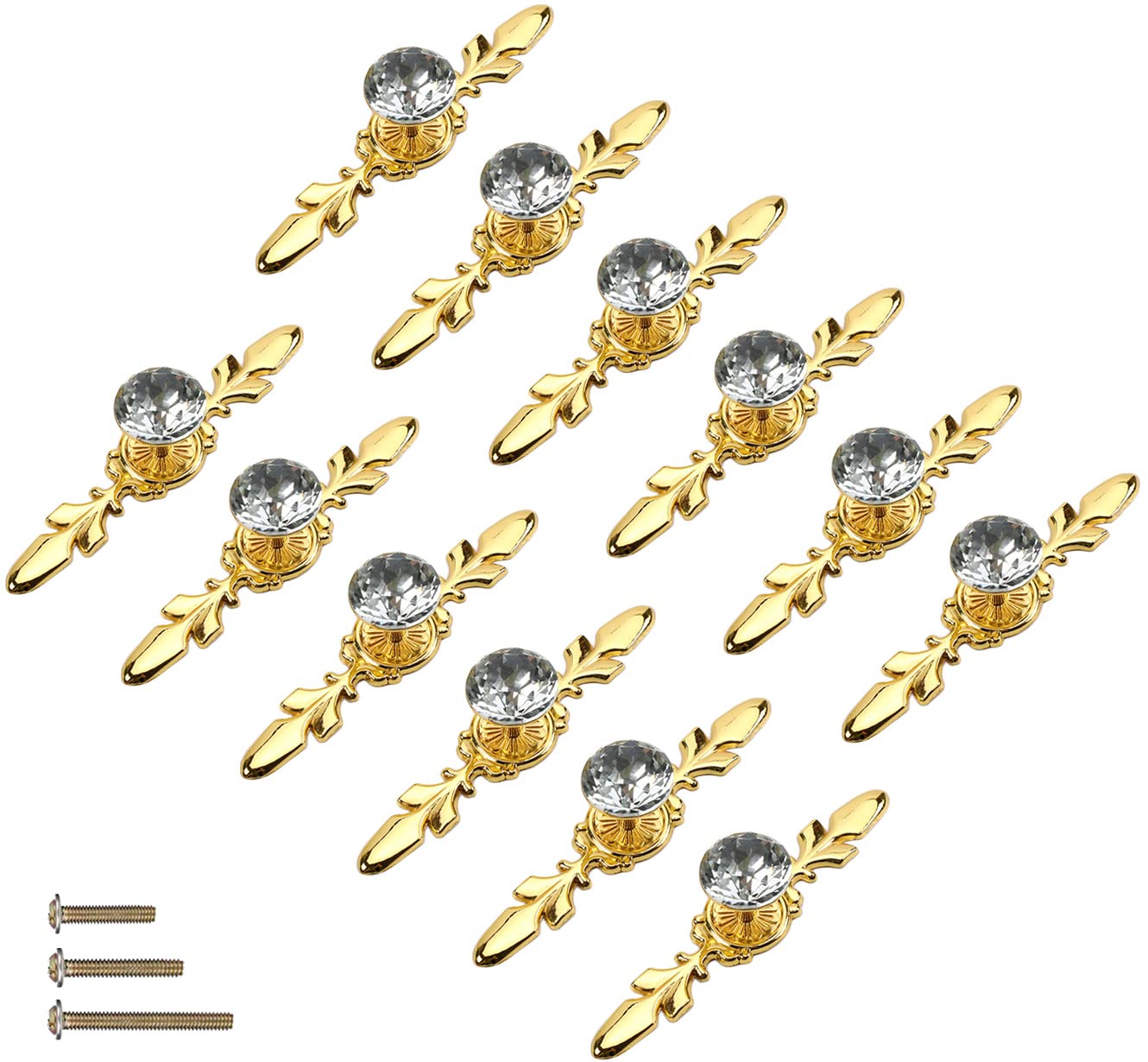 Photo 1 of ESreake 12 Pack Gold Diamond Clear Crystal Glass Decorative Knobs with Plate,Drawer Dresser Pulls Handles with 3 Kinds of Screws for Kitchen Bathroom Office Decoration (12 Pack, Small, Golden)