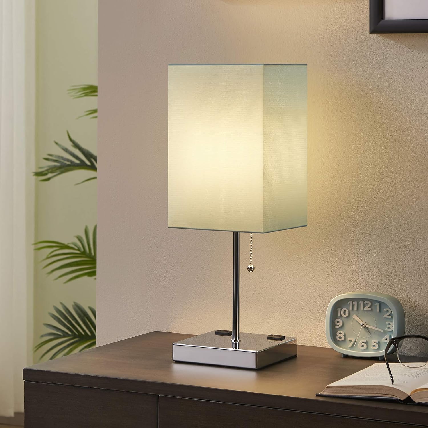 Table Lamp with Outlet Charging Ports, Aooshine Bedside Lamp with Dual 2-Prong Charging Ports, Lake Green Shade & Sliver Base, Minimalist & Modern Table Lamp Suitable for Bedroom.（Bulb not Included)） - - 