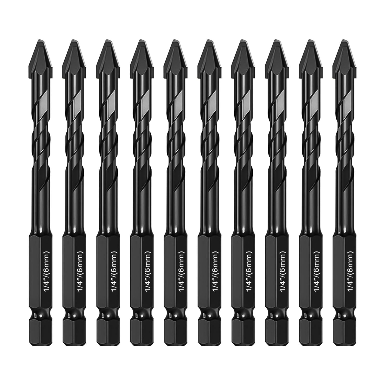 10pcs Tile Drill Bits Set, 1/4" 6mm High Strength Eccentric Twist Drill Bit Set for Ceramic Glass Granite Marble Brick Wood, Strength Carbide Drill Bits with Hexagonal Shank (Black)