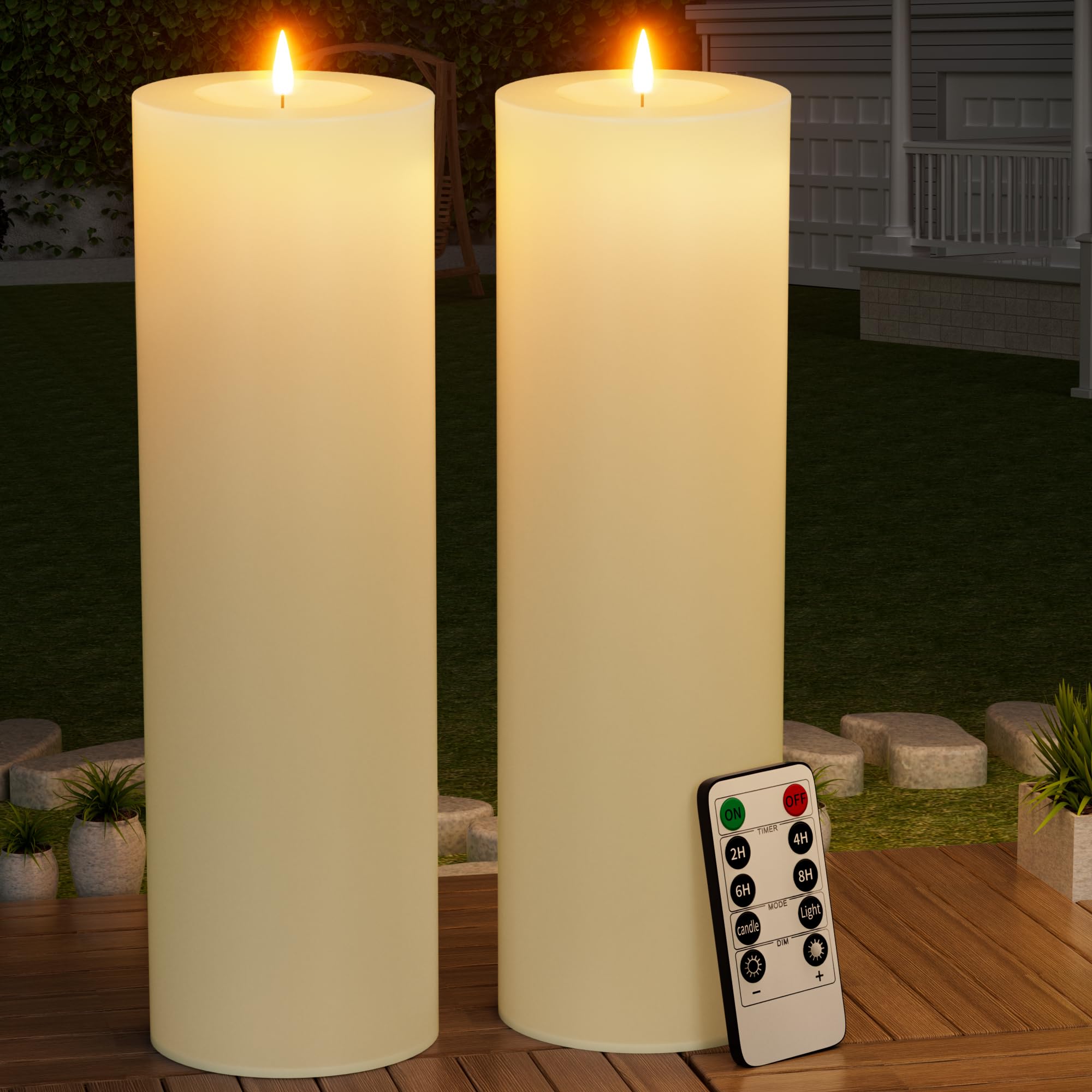 Photo 1 of 14" x 4" Large Outdoor Candles with Timer Waterproof Flickering LED Flameless Candles Battery Operated with Remote Fake Pillar Candles Realistic for Patio Porch Lanterns, Ivory 2 Pack