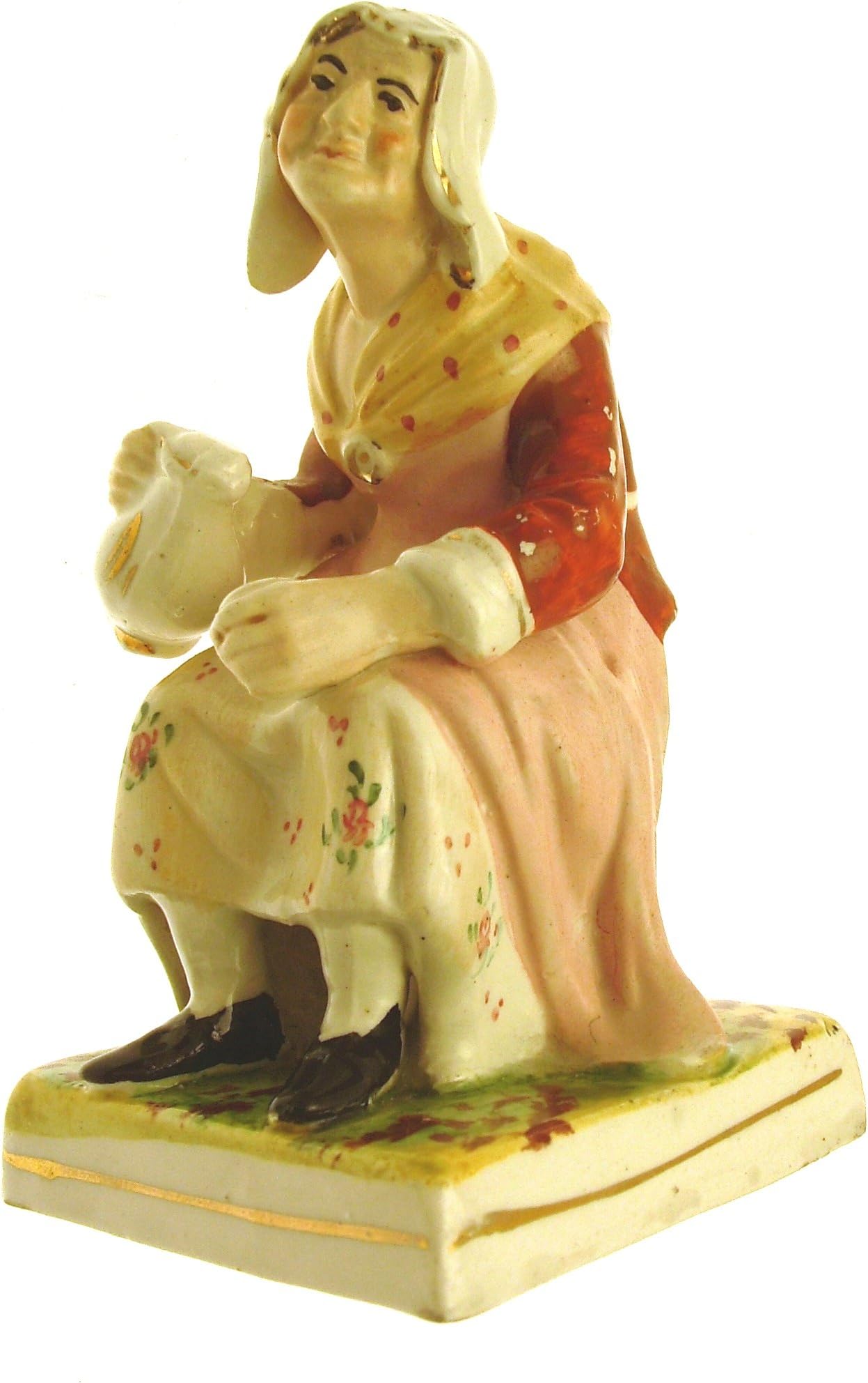 ANTIQUE c1870 Staffordshire Pearlware Figurine Seated Lady F84