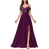 Miusol Women's Off Shoulder Elegant Sequined Split Spaghetti Straps Wedding Maxi Dress