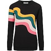 OXKNIT Women's Knit Long Sleeve T-Shirts, 1960s Retro Colorful Wavy Stripes Crewneck Casual Knitted Tops Black