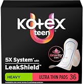 Kotex Ultra Thin Teen Pads, Wings, Heavy, 36 Count | Period Pad, 5x System with LeakShield Protection, Gravity Core, Up to 100% Leak Free Comfort, Made Without Fragrance