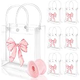 FYSUIMU 12 Pcs Pink Bow Clear PVC Gift Bags Bowknot Coquette Party Favor Bags with Handle Treat Tote Bags with Ribbon for Birthday Baby Shower Bachelorette