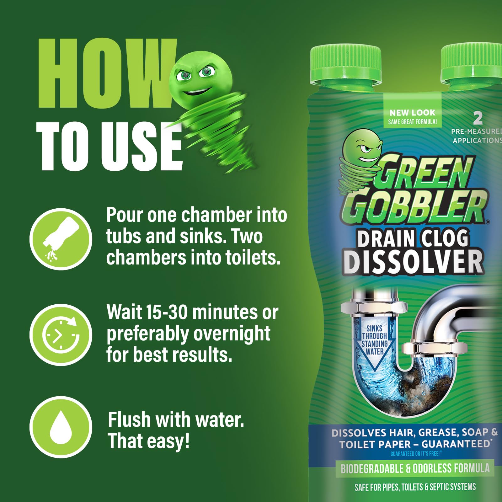 Green Gobbler Drain Clog Dissolver, Drain OpenerCleaner ,Toilet Clog