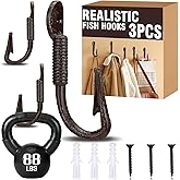 Duraaamo 3 Pcs Realistic Fish Hooks for Hats Solid Cast Iron Rustic Brown Fish Hook Wall Mount 4.5" x 2" Coastal Themed Wall Hangers for Coats Bags Keys