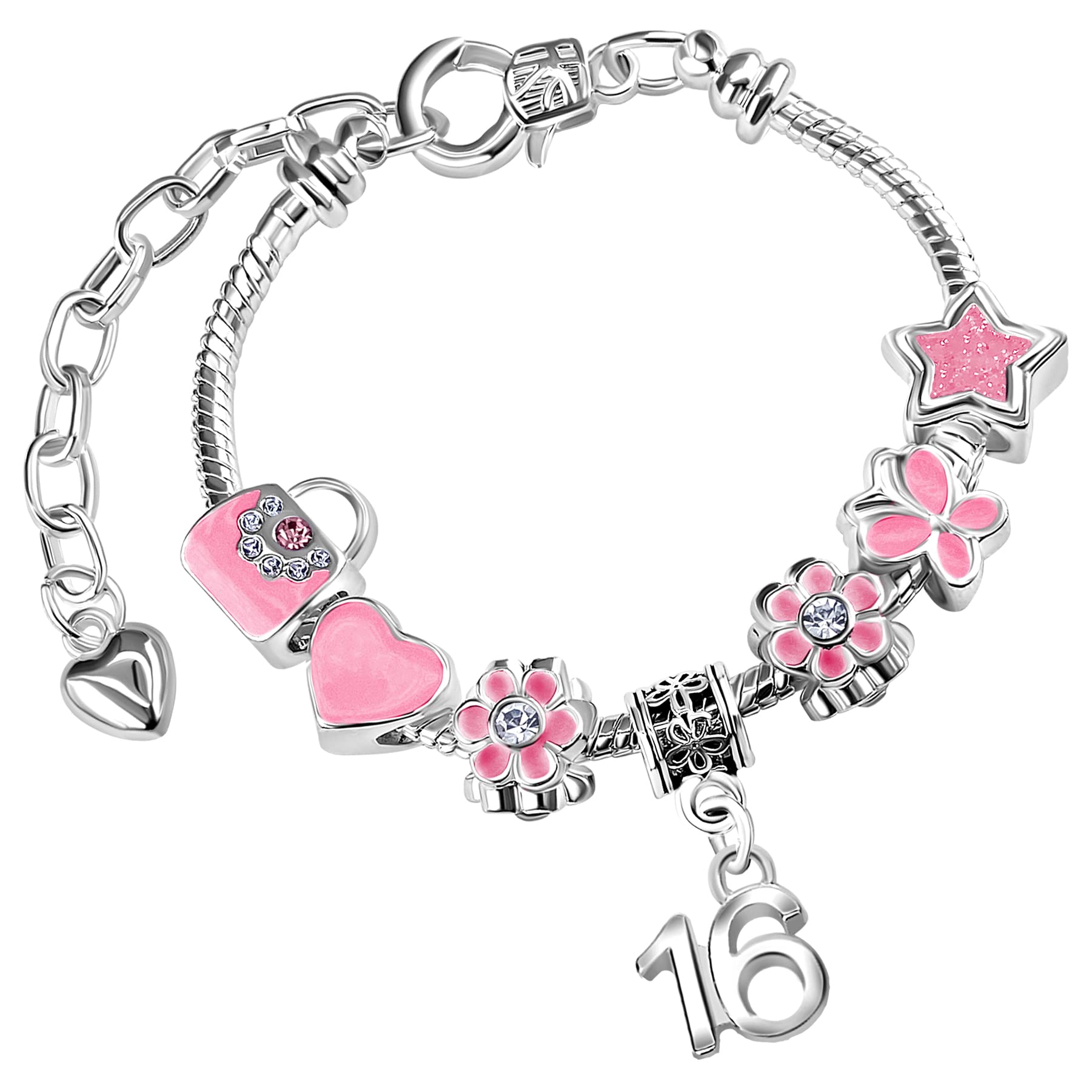 Girls 16th Birthday Sparkly Pink Handbags and Butterflies Silver Plated Adjustable Charm Bracelet with Gift Box 16th Birthday Gifts for Girls Age 16
