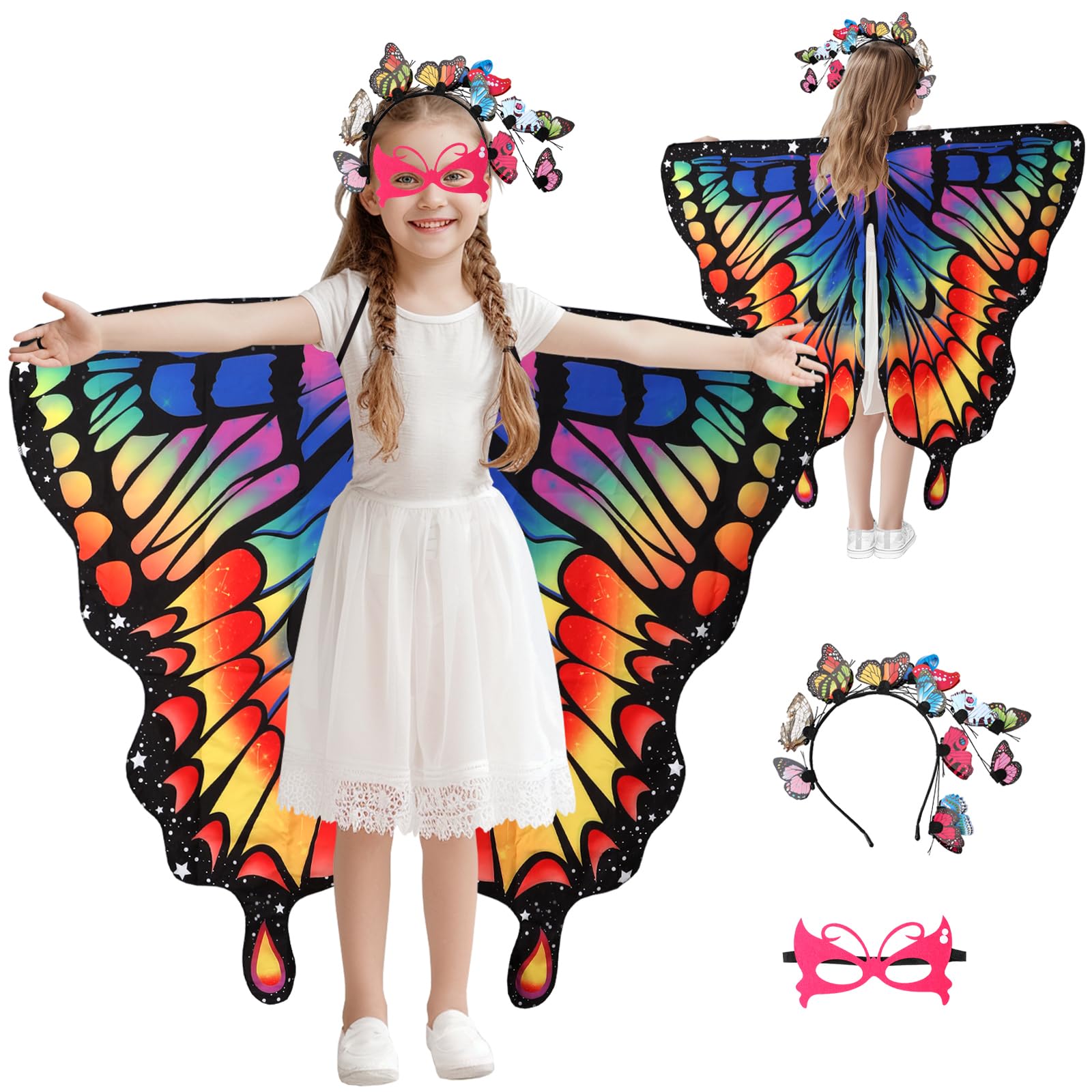 Jodimitty Kids Butterfly Wings Double Sided Printing Fairy Shawl with Headband & Mask, Fancy Dress Up Wings Cape for Girls Party Halloween Costume (Colorful)